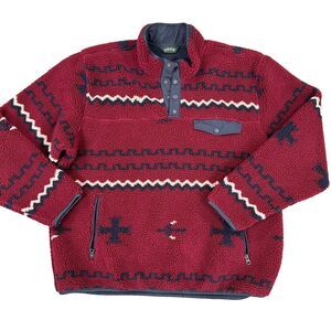 Orvis Mens XL Red Deep Pile Fleece Jacket Mock Long Sleeve Snap Southwestern‎